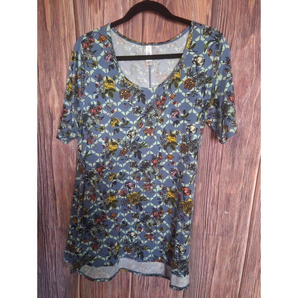 LuLaRoe XL Blue Floral Lattice Geometric Short Sleeve T-Shirt Dress Tunic Top